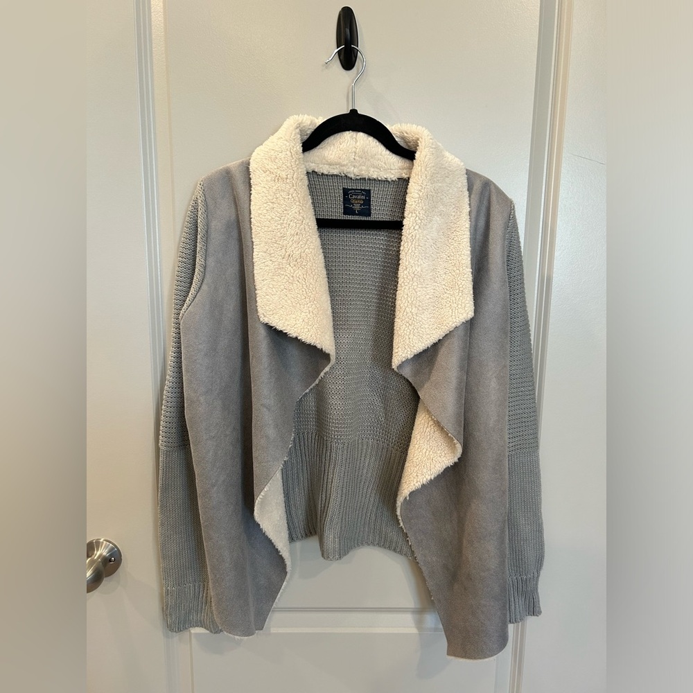 Cavalini Open Front Sweater Jacket with Faux Suede and Sherpa